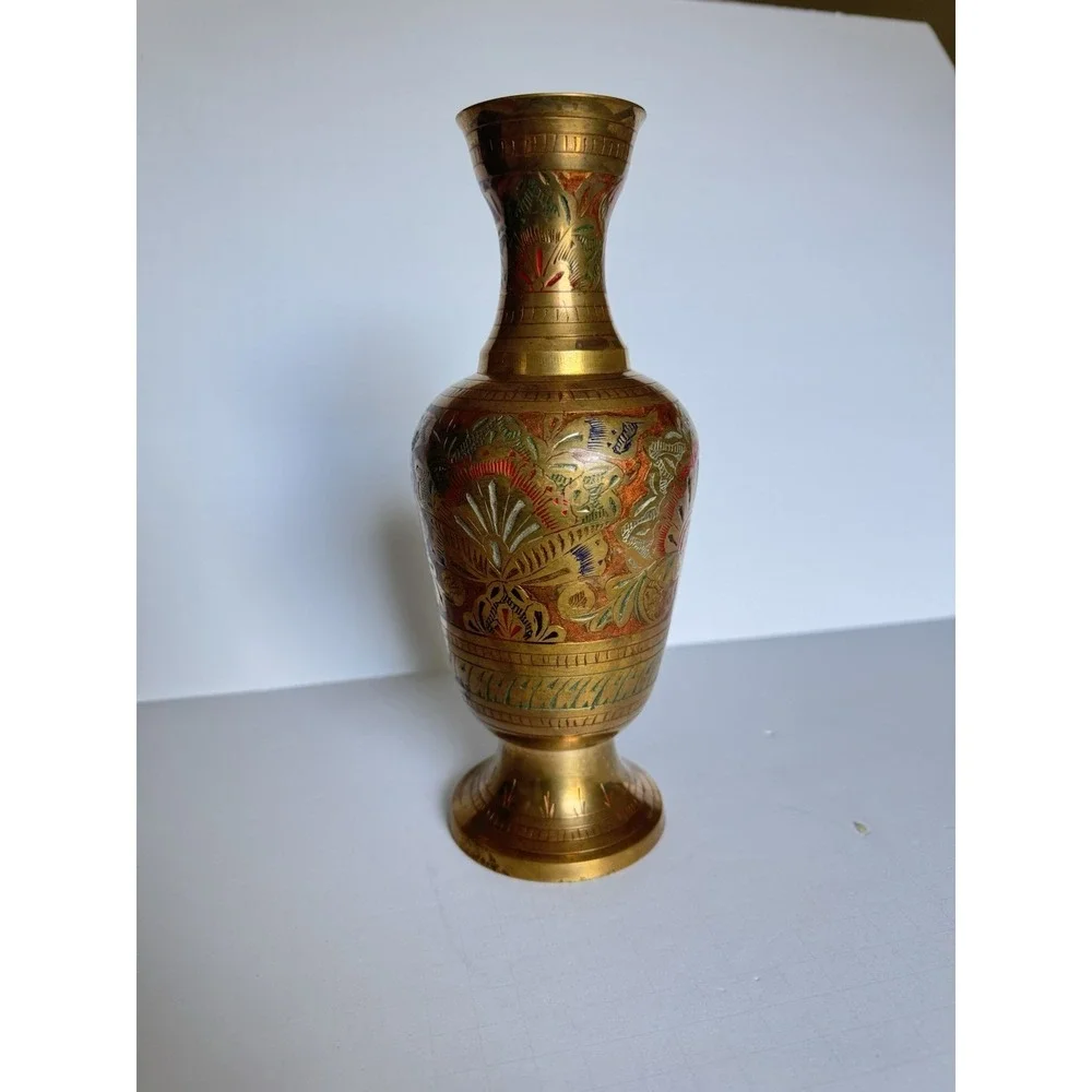 VTG Penco Industries Brass Etched Enamel Bud Vase India Gold Floral 9.5